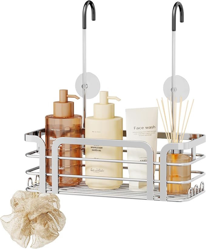 SWTYMIKI Shower Caddy Hanging Organizer - Over the Door Shower Caddy with 6 Hooks, 2 Installation Ways, Stainless Steel Rustproof Bathroom Organizer, Silver by SwtyMiki-TidyHomeSweetLife