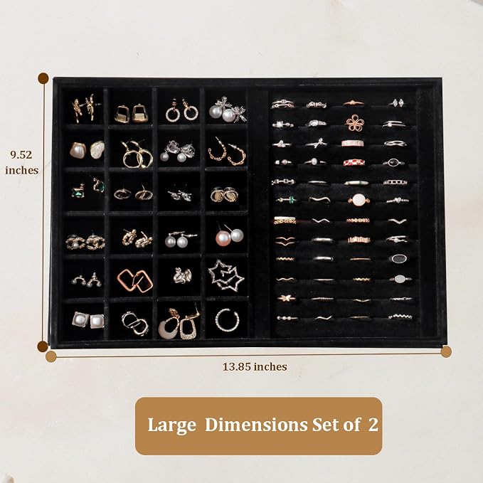 Large Velvet Jewelry Tray 2 Pack Stackable Jewelry Display Drawer Inserts Trays Organizer for Earring Bracelet Necklace Ring (Black, Ring and 24 Grids) - Image 4