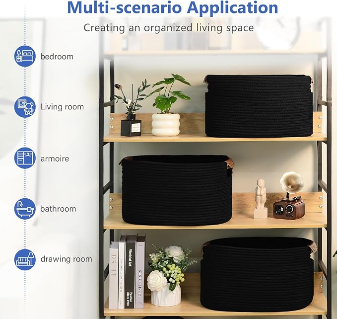 ECDYQXVU Cotton Rope Basket, Storage Baskets with Handle, 15x10x9 Inch Woven Basket for Shelves, Laundry, Towels, Clothes, Books (Black 2Pack) - Image 4