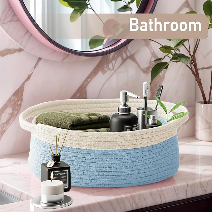 JMvicyroam Woven Basket,Small Rope Storage Bin with Handles & Ribbon Bag, Organizer for Shelves Closets,Gift Basket Empty for Birthday,Books,Dog Toys, White&Blue - Image 8