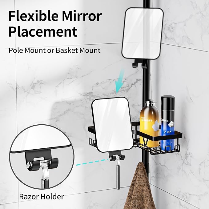 KEGII Shower Caddy Tension Pole - Adjustable Rustproof Corner Bathroom Organizer with Fogless Shower Mirror, 25–114.2 Inch No-Drill Bathroom Storage, Black - Image 4