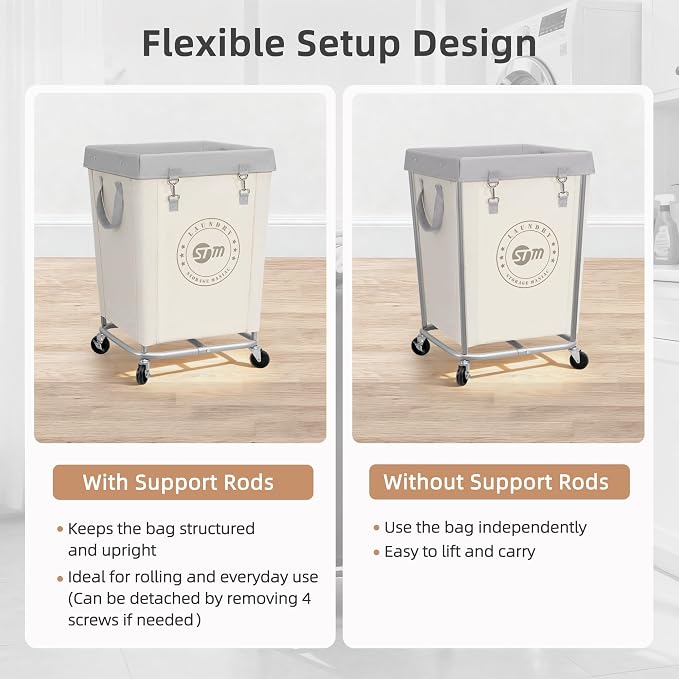 STORAGE MANIAC Commercial Laundry Hamper with Heavy Duty Steel Frame, 160 L Industrial Laundry Basket Cart with Wheels for Hotel, Home, Laundry Room, 18''L x 18''W x 31''H, Medium Beige - Image 5