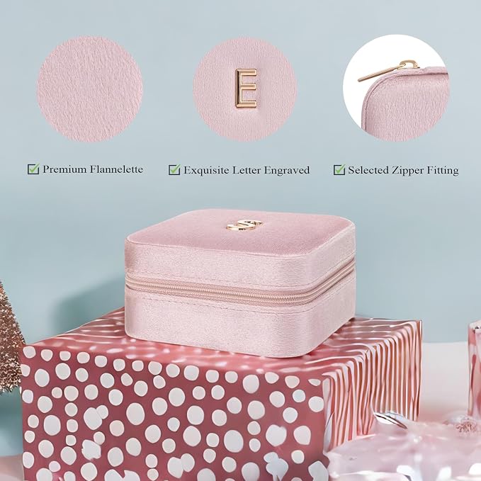 Vlando Small Travel Jewelry Box Organizer Display Case for Rings Earrings Necklaces Storage, Selected Soft Velvet, Letter E Engraved, Pink - Image 2