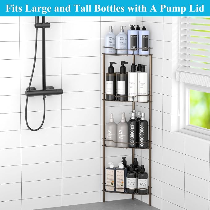 HuggieGems 4 Tier Floor Standing Corner Shower Caddy Organizer Shelf with Hooks, Bathroom Shelves Stand Rack, Bronze - Image 4