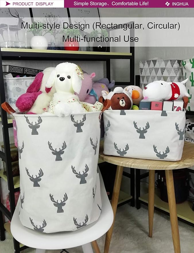 Laundry Hamper Large Canvas Fabric Lightweight Storage Basket/Toy Organizer/Dirty Clothes Collapsible Waterproof for College Dorms, Boys and Girls Bedroom,Bathroom(grey deer) - Image 4