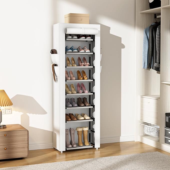 VILICK Shoe Rack with Cover Narrow Shoe Rack Organizer with 4 Side Pockets 10 Tier Tall Shoe Storage Shoe Shelf Holds 18-22 Pairs Shoes and Boots Shoe Rack for Closet, White - Image 7
