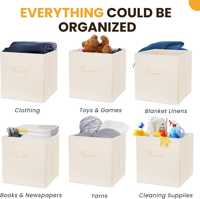 Criusia Large Storage Cubes, 13 Inch Cube Storage Bins for Shelves Closet Nursery Bedroom - 10 Pack Collapsible Storage Baskets with Handles - Fabric Bins for Organizing Clothes Blanket Toys (Beige) - Image 3