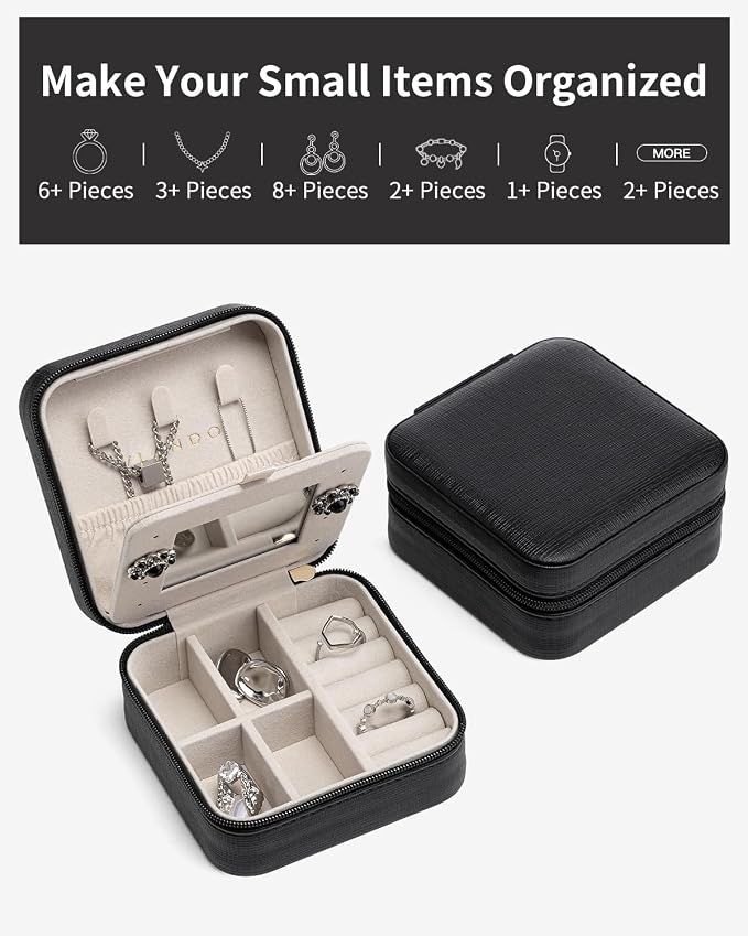 VLANDO Travel Jewelry Case, Mothers Day Mom Gifts, Small Jewelry Travel Organizer Box for Girls Women with Mirror Black - Image 5