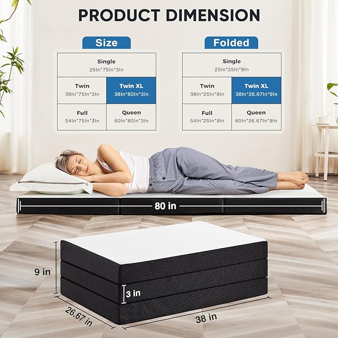 Tri-Fold Twin XL Memory Foam Mattress, 3 inch Folding Mattress Topper with Washable Cover, Portable Non-Slip Guest Floor Bed for Camping Travel