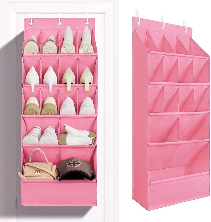 FENTEC 1 Pack Over-the-Door-Shoe-Organizers, Hanging Shoe Organizers with Large Pocket Shoe Holder Hanging Shoe Rack for Closet Shoes Organizer for Wall, Over Door Organizer with 15 Pockets Pink by Fentec
