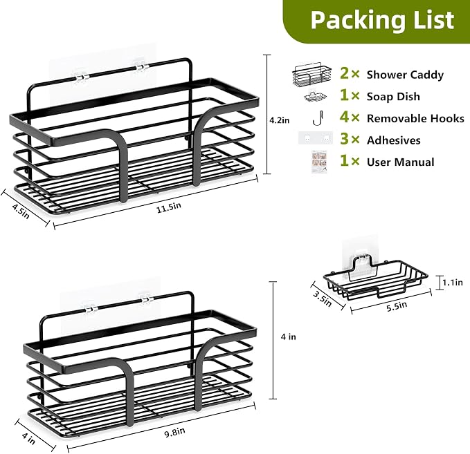 Yougai Shower Caddy, Shower Organizer with Soap Holder and Hooks, Rustproof Shower Shelves, No Drilling Bathroom Organizers and Storage, Wall-Mounted Kitchen & Home Decor (Black) - Image 2