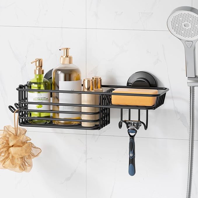 LEVERLOC Shower Caddy Suction Cup, Suction Caddy with Hooks and Soap Holder for Bathroom, No-Drilling Bathroom Shower Organizer, Black by LEVERLOC
