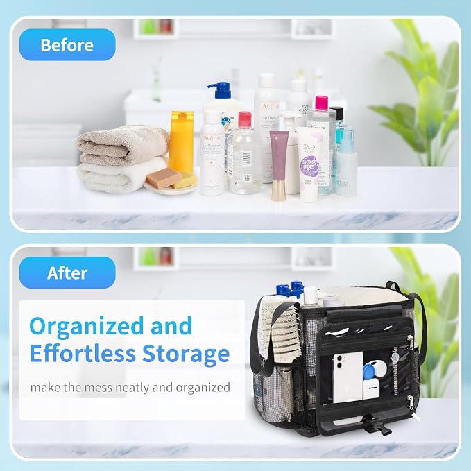 Mesh Shower Caddy Portable, Quick Dry Hanging Toiletry Bag for College Dorm Essentials with 4 Pockets/Divider/Plastic Bottom, Travel Tote Bag for Camping, Bathroom, Beach, Swimming, Gym - Image 7