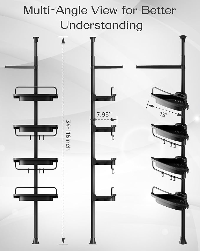 ALLZONE Corner Shower Caddy Tension Pole, Extendable Rustproof Stainless Steel Pole & 4-Tier Adjustable Shelves for Easy Drainage and Built-to-Last Stability, 34 to 116 Inches, Black - Image 2