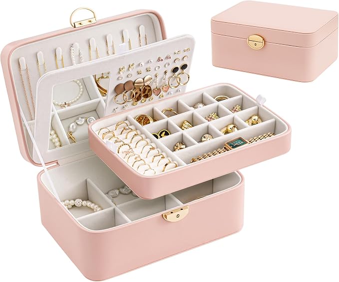 Lolalet 2 Layer Jewelry Box with Lock and Key for Teen Girls & Young Women, Jewelry Organizer Case with Round Clasp and Mirror for Earrings Rings Necklaces Storage, Gift Idea -Lightpink by Lolalet