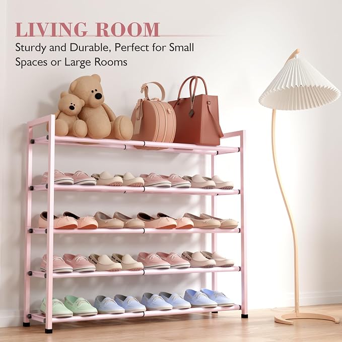 Bumusty 5-Tier Expandable Shoe Rack for Closet, 18“-33” Adjustable Shoe Rack for Small Space, Small Shoe Organizer for Front Door, Sturdy Metal (Pink) - Image 6