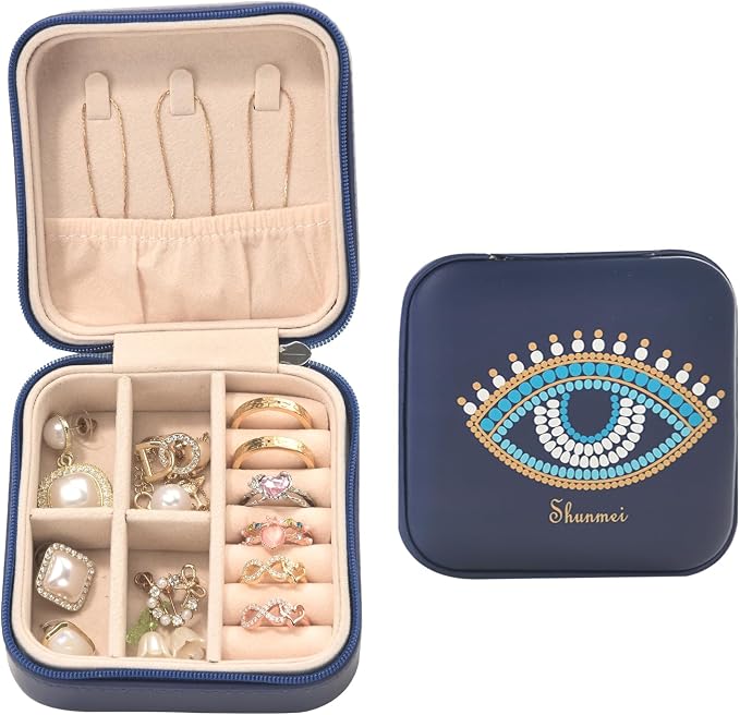 shunmei Mini Travel Jewelry Box,PU Leather Portable Jewelry Organizer Case,Art Accessories Storage Holder Boxes for Earring, Necklace, Rings, Bracelets (Blue Eyes) by KALUYA