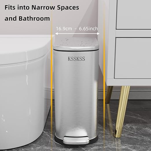 KSSKSS 2.6 Gallon Slim Bathroom Trash Can with Soft Close Lid, 10L Stainless Steel Garbage Can with Removable Liner Bucket, for Narrow Spaces,Bathroom, Bedroom (Silver) - Image 2