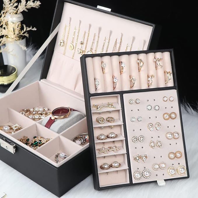 Jewelry Box for Women Girls, 2 Layers Jewelry Organizer Container with Lock, PU Leather Storage Case with Removable Tray, Jewelry Display Box for Necklaces Earrings Bracelets Rings Watches - Black - Image 6
