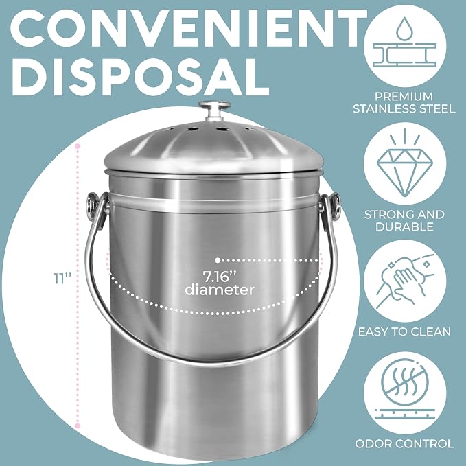 EPICA Countertop Compost Bin Kitchen | 1.3 Gallon | Odorless Composting Bin with Carbon Filters | Indoor Compost Bin with Lid | Stainless Steel Kitchen Composter for Food Scraps & Waste Recycling - Image 2