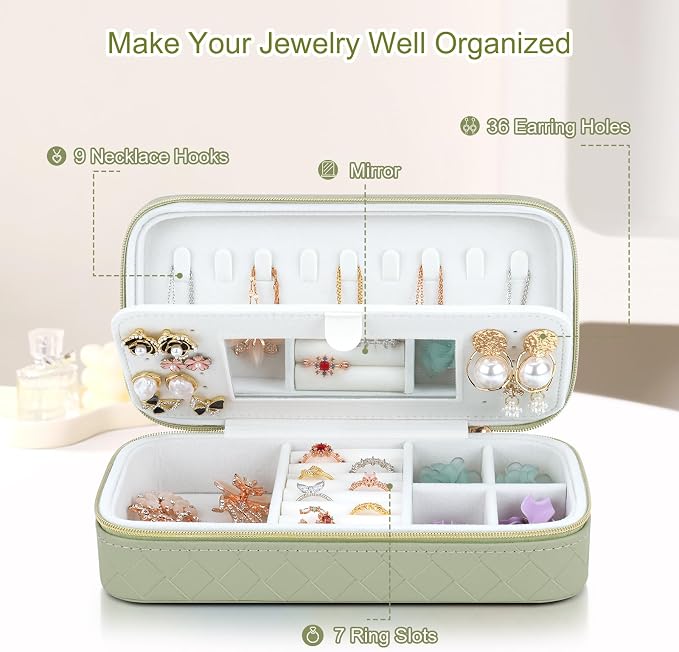 DesignSter Travel Jewelry Case, Woven Embossed PU Leather Jewelry Organizer with Mirror, Small Portable Jewelry Box for Women Rings Necklaces Bracelets Earrings - Image 2