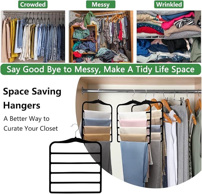 Pants Hangers Space Saving,5P Scarf Hangers for Closet Organizers and Storage,Non Slip Velvet Hanger for Closet Organizer,College Dorm Room Essentials,Heavy Duty Organization and Storage Jean Hangers - Image 6
