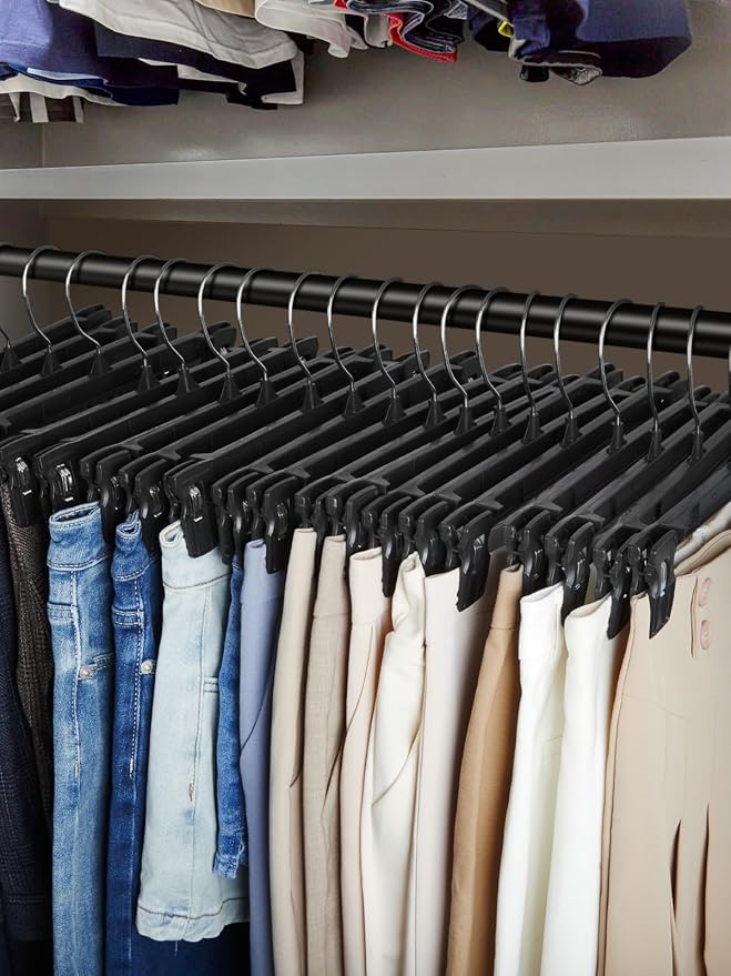 Smartor Space Saving Skirt Hangers - 150 Pack, Slim Plastic Pants and Shorts Hangers, Ridged Non-Slip with Pinch Clips, Black Clip Hanger for Women, 360-Rotating Chrome Swivel Hook, 12 Inches - Image 8