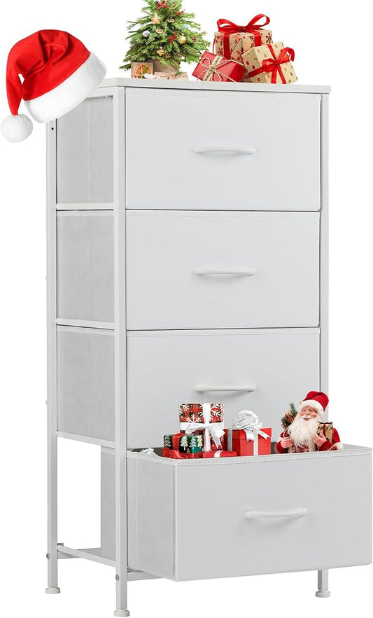 Sweetcrispy Dresser for Bedroom, Storage Drawers, Skinny Fabric Storage Tower with 4 Drawers, Tower Organizer Unit, Chest of Drawers with Wooden Top for Closet，Entryway