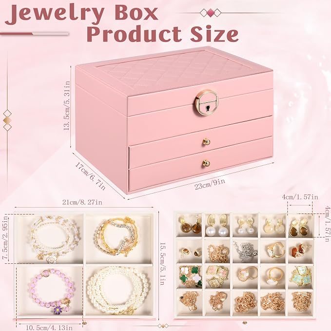 3 Layer Jewelry Boxes Large Jewelry Holder Organizer Case with 2 Jewelry Organizer Drawer PU Necklace Organizer Lockable Upgrade Mirror Gifts for Women, Pink - Image 6