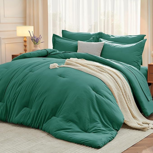 MUXHOMO 7 Pieces Queen Comforter Set, Soft Bed in a Bag Queen Size, All Season Bedding Set with Comforter, Flat Sheet, Fitted Sheet, Pillowcases & Shams, Emerald Green