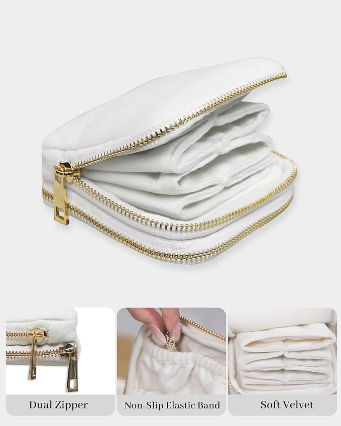 Stratalife Travel Jewelry Case Organizer 2-Layer Compact Storage Bag for Rings Earrings Necklace Bracelet Portable Velvet Jewelry Pouch with Zippers Travel Essential Gift for Women Cream White - Image 4
