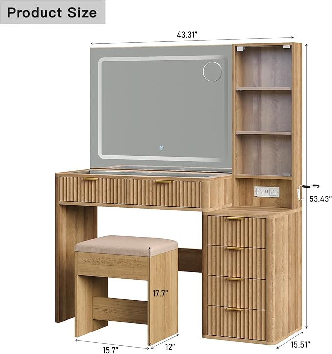 Fluted Vanity Desk with 3-Color LED Mirror, 43.3" Makeup Vanity with Glass Top & Glass Door, 6-Drawer Wood Vanity with Charging Station, Includes Vanity Stool, Natural Oak