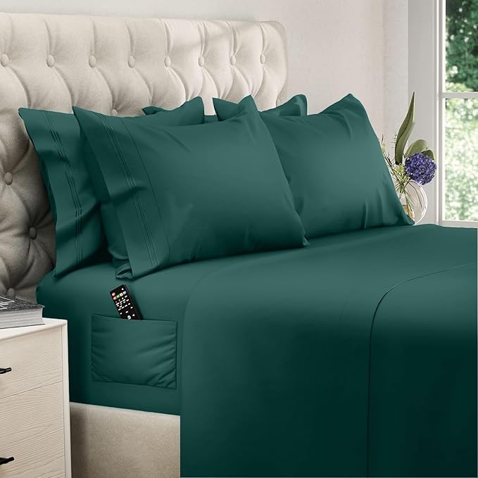 DREAMCARE Full Size Sheets - 6 pcs Breathable Cooling Bed Sheets - up to 15" Deep Pocket Full Size Bed Sheets wth Side Pockets - Extra Soft 100% Brushed Hypoallergenic Hotel Luxury Bedding Emrld Green