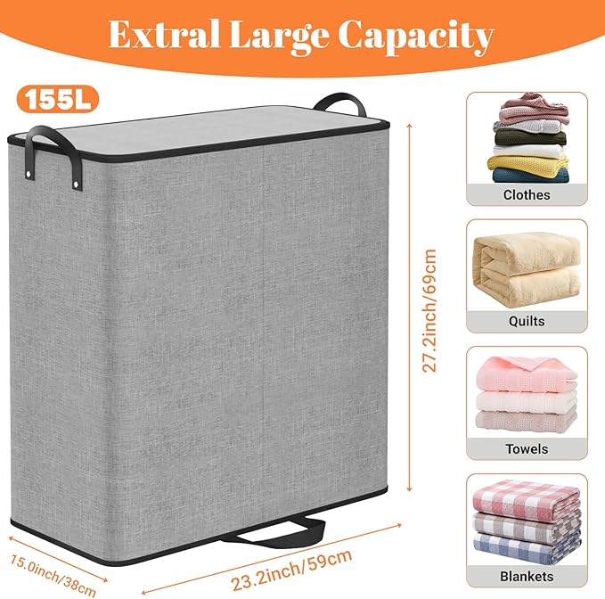 Large Double Laundry Hamper with Lid, Removable Bags & Reinforced Handles, 2 Section Tall Laundry Basket, Dirty Clothes Hampers for Laundry Room, Bedroom, Bathroom, Dorm, 155L, Gray - Image 2