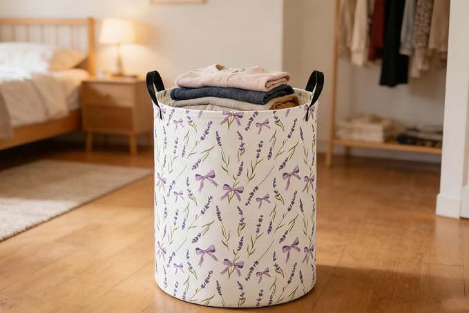 Kids Laundry Basket Flower Hamper for Nursery Girls Hamper Cute Kids Storage Bin Organizer Room Decor for Home(Purple flowers) - Image 3