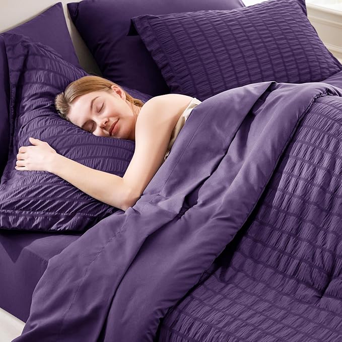 CozyLux King Size Comforter Set Purple Seersucker 7 Pieces Bed in a Bag King Comforter Set with Sheets, Luxury Soft Bedding Sets with Down Alternative Comforter, Sheets, Pillowcases & Shams All Season