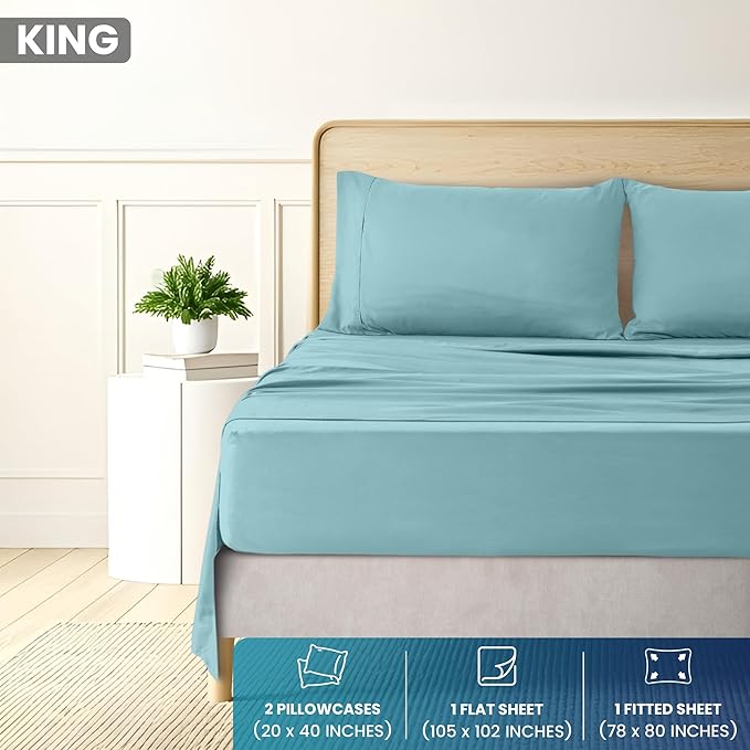 Utopia Bedding King Size 4 Piece Sheet Set - Brushed Microfiber - Soft Bed Sheets for King Size Bed - Includes 1 Fitted, 1 Flat, & 2 Pillow Cases - Deep Pocket (Spa Blue)