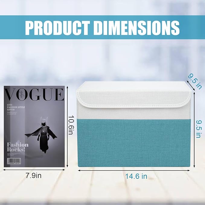 Bagnizer Large 22 Quart Linen Fabric Foldable Storage Bin Cube Organizer Basket with Flip-Top Lid & Handles, Clothes Blanket Box for Home, Office, Closet, Teal & White, 4 Pack 14.6 x 9.5 x 9.5 - Image 2