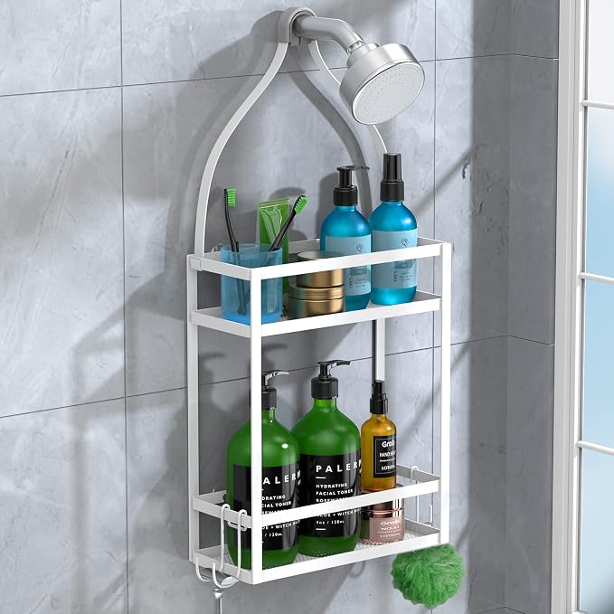Meangood Shower Caddy 10.4" x 4.5" x 22.04" Hanging Shower Caddy Organizer Over Shower Head Big Capacity for Shampoo, Conditioner with Hooks for Razor/Sponge, White - Image 6