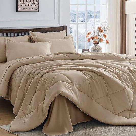 HEVUMYI Khaki Queen Comforter Set - 7-Piece All Season Bed in a Bag Queen, Ultra Soft Bedding Set with Comforter, Flat Sheet, Fitted Sheet, Pillowcases, Pillow Shams
