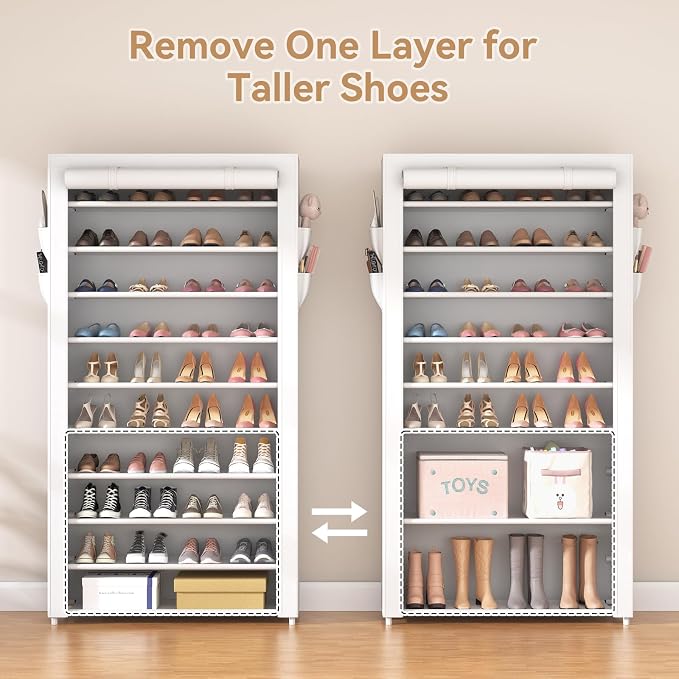 ROJASOP Shoe Rack with Covers 10 Tier Large Shoe Organizer Tall Shoe Closet Storage for 50-55 Pairs Shoe and Boot, Free Standing Shoe Rack Organizer for Closet, Entryway, Bedroom, White - Image 6