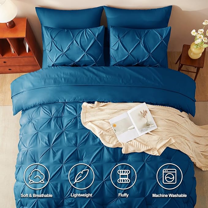 CozyLux King Size Comforter Set Teal, 7 Pieces Pintuck Bed in A Bag Teal Comforter King Size, Pinch Pleat Bedding Set with All Season Comforter, Sheets, Pillowcases & Shams