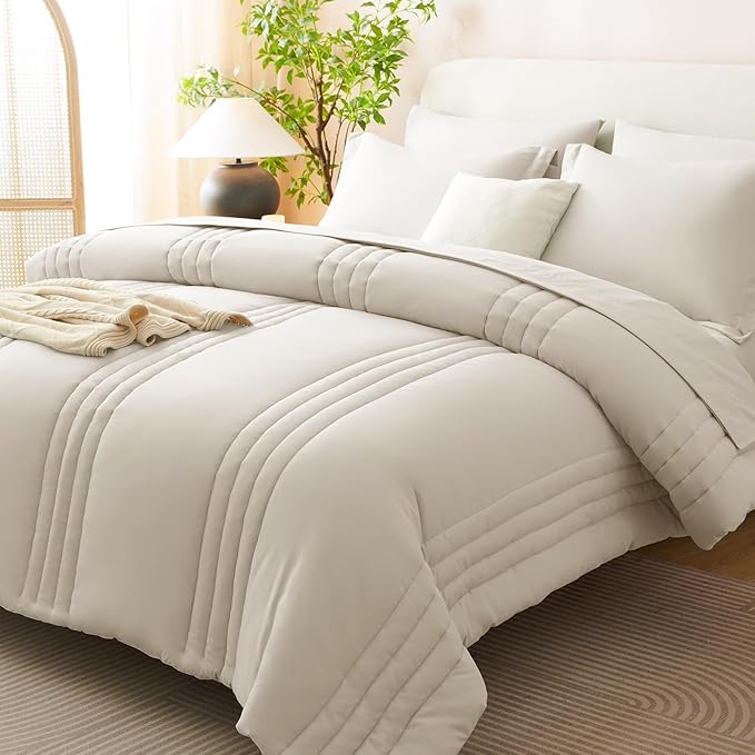 CozyLux California King Size Comforter Set - 7 Pieces Bed in a Bag Beige Comforter Set with Sheets Cal King, Soft Bedding Set with Down Alternative Comforter, Sheets, Pillowcases & Shams