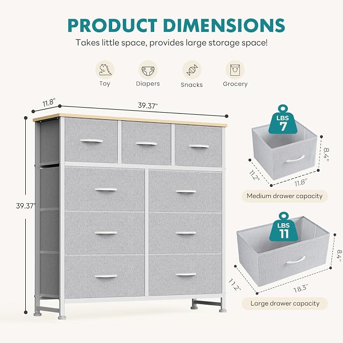 OLIXIS 9 Drawer Storage Dresser with Wood Top - Wide Fabric Chest Organizer for Bedroom, Closet, Living Room,Tower Cabinet, TV Stand, Hallway Entryway Furniture,Light Grey - Image 3