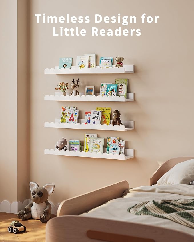 Shario Nursery Book Shelves, 4-Pack White Floating Shelves for Wall Kids, Scalloped Shelves, Wall Book Shelves for Bedroom Kids, Toddler Room, Baby Room, Nursery Decor - Image 6