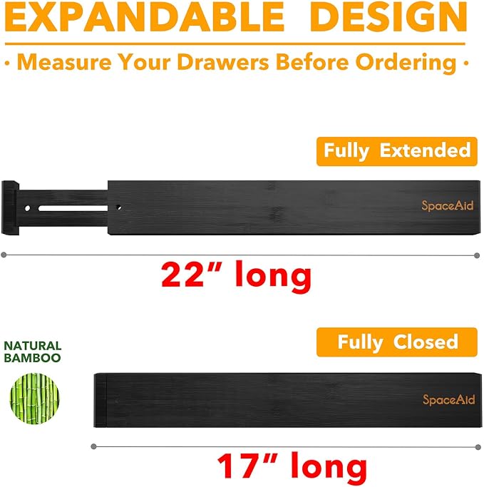 SpaceAid 4 Pack Bamboo Drawer Dividers with Labels, Kitchen Adjustable Drawer Organizers, Expandable Organization for Home Clothes Dressers (17-22 in, Black) - Image 3
