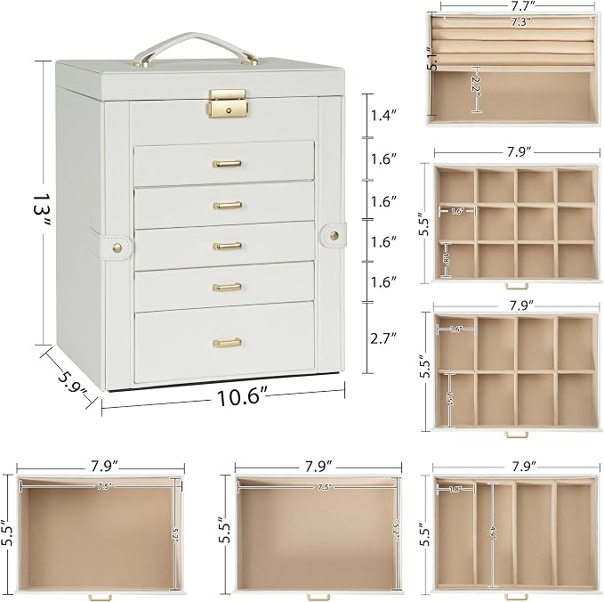 AKOZLIN Large 6-Tier Jewelry Box Lockable Leather Jewelry Storage Case with 5 Drawers for Women Girls Ring Necklace Earring Bracelet Holder Organizer with Mirror - Image 2