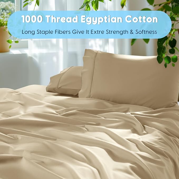 SONORO KATE 100% Egyptian Cotton Sheets Set - 1000 High Thread Count, Luxury 5-Star Hotel Sateen Bed Sheets, Soft, Breathable Long Staple Sheets, Fit up to 16" - 4 PC (Beige,King)
