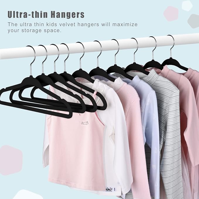 BAGAIL 50 Pack Kids Velvet Hangers 11 Inches Children's Clothes Hangers Non-Slip Baby Hangers for Infant/Toddler (Black) - Image 5