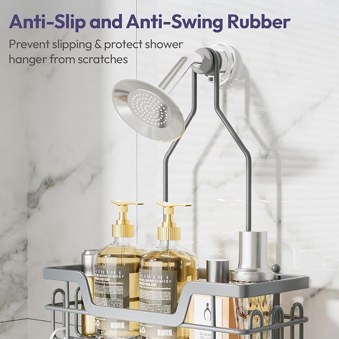 SWTYMIKI Bathroom Shower Caddy Hanging - 3 Tier Rustproof Over Shower Head Organizer, No Drilling Bathroom Shelf with 16 Hooks & Soap Holder, Anti-Swing Rack for Shampoo,Sponge,Towel, Silver, Large - Image 4
